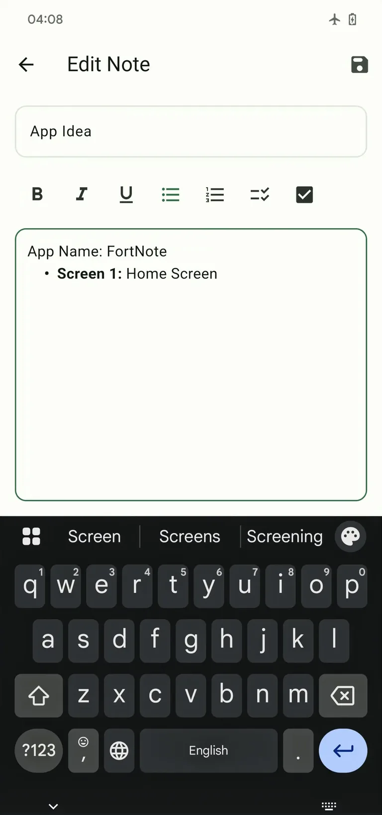 Fortnote encryption screen