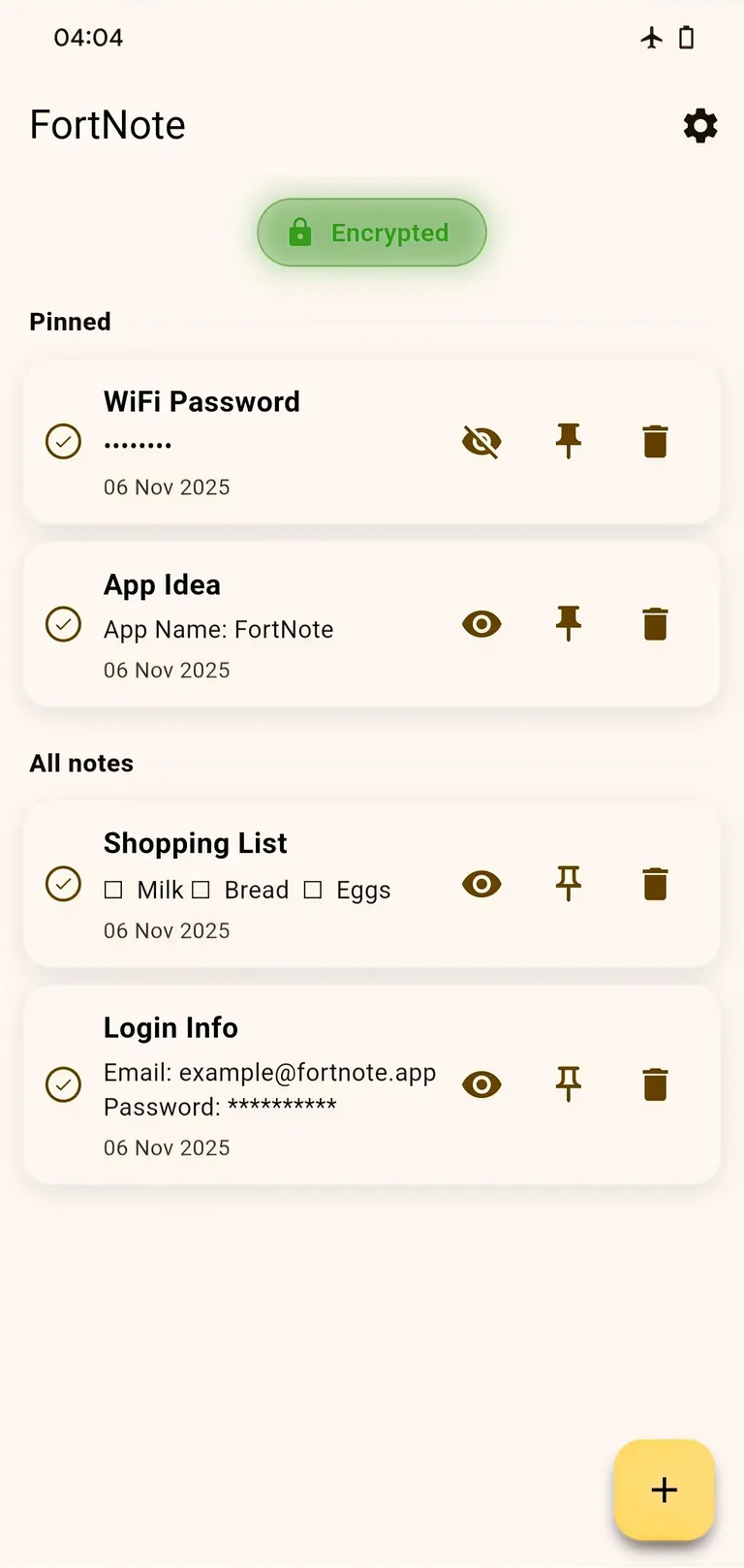 Fortnote home screen