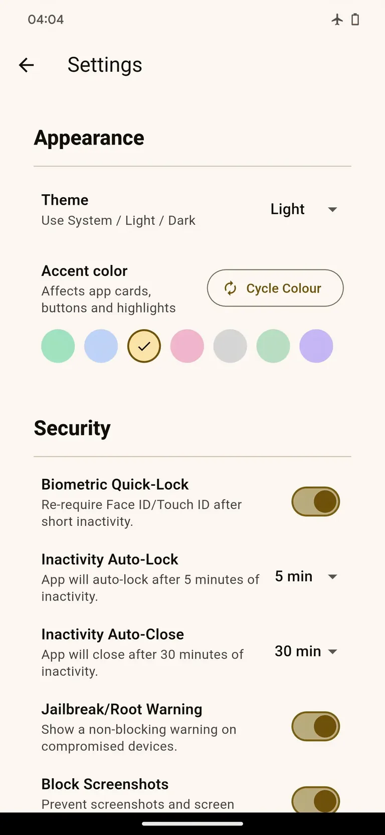 Fortnote settings screen